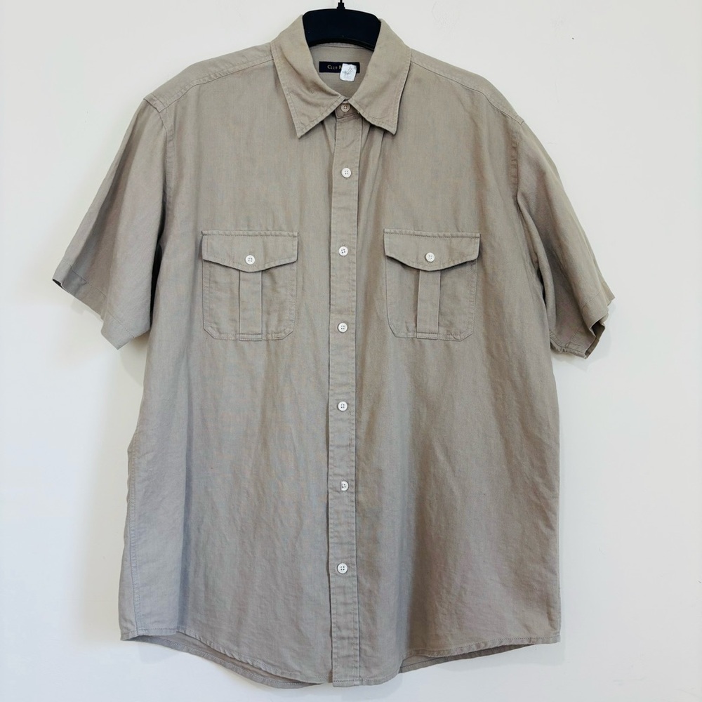 Club Room Beige Linen & Cotton blend Short Sleeve Casual Button Up Shirt